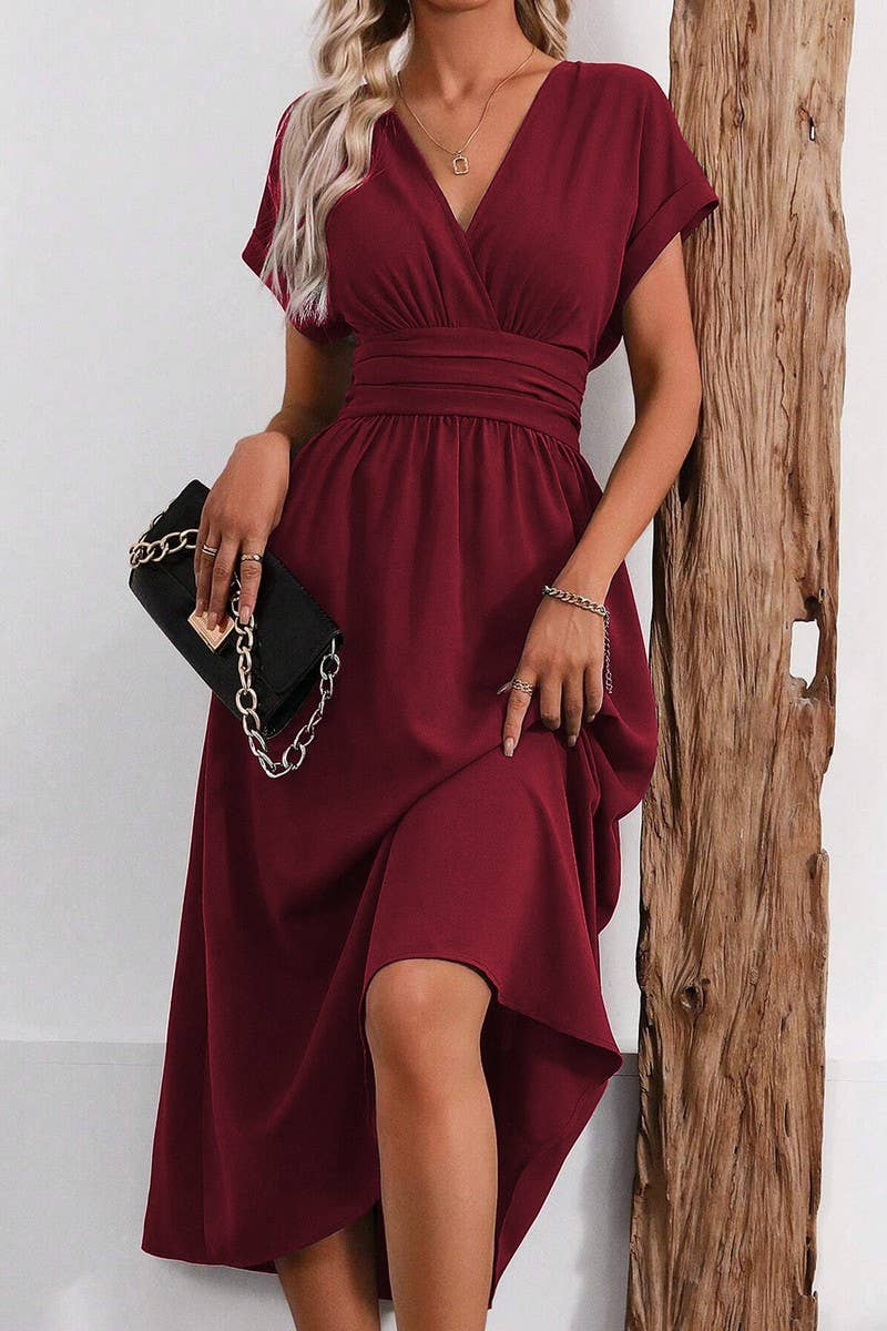 CWDMD4648_SOLID COLOR V-NECK BAT SLEEVE LONG DRESS