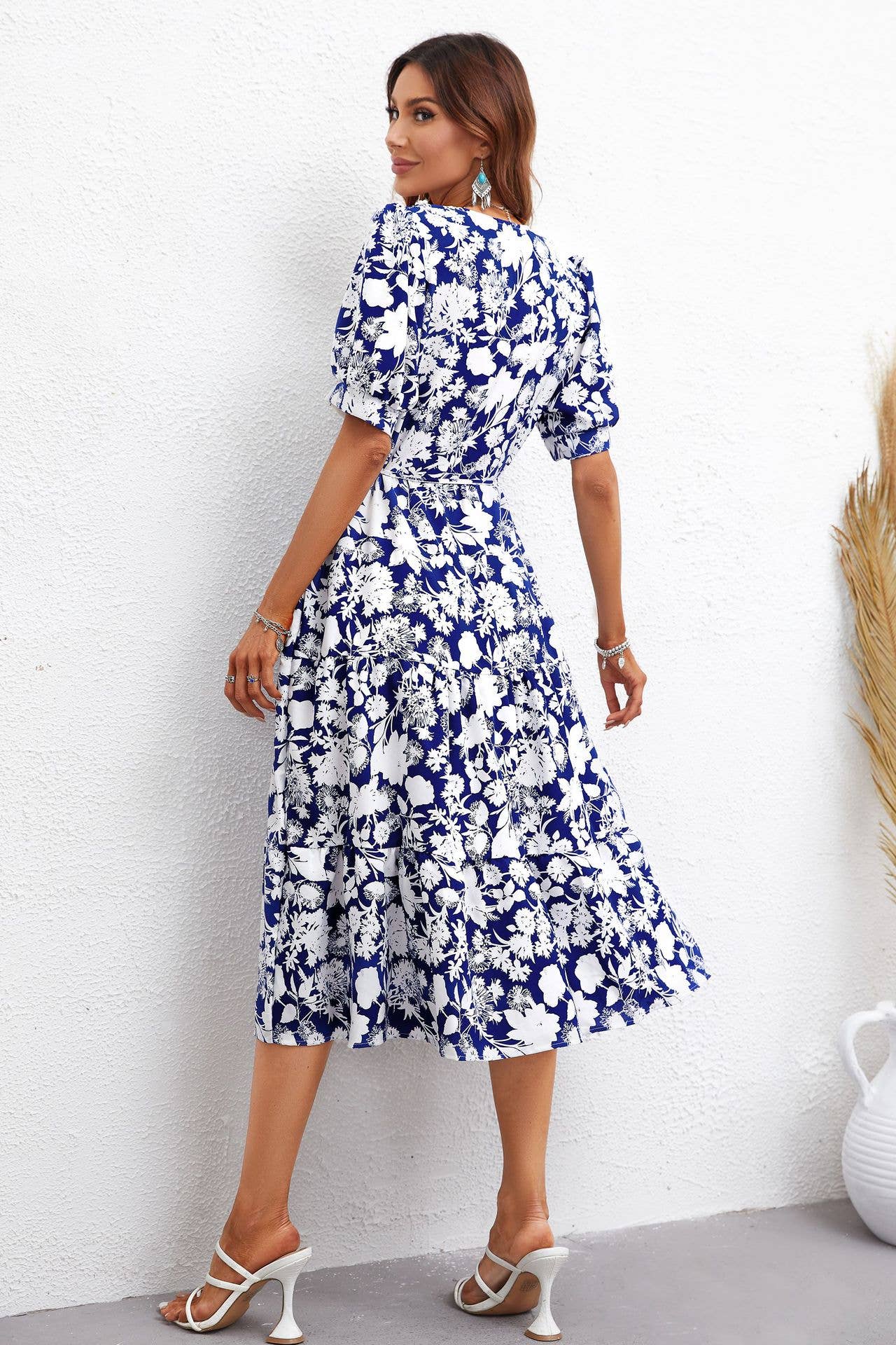 FASHION PRINT LAPEL STRAP WAIST WAIST LONG DRESS