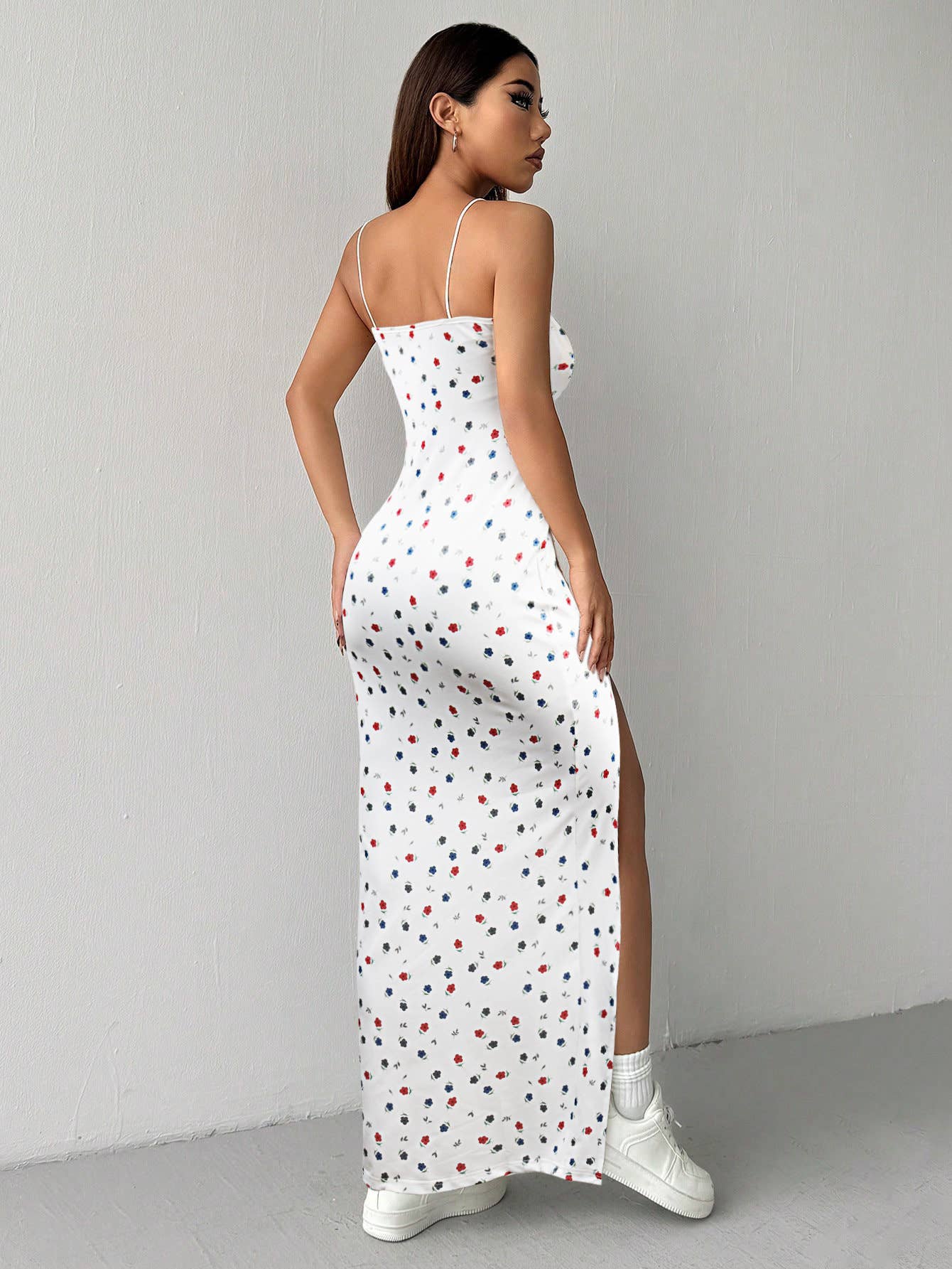 Polka dot printed square collar halter dress