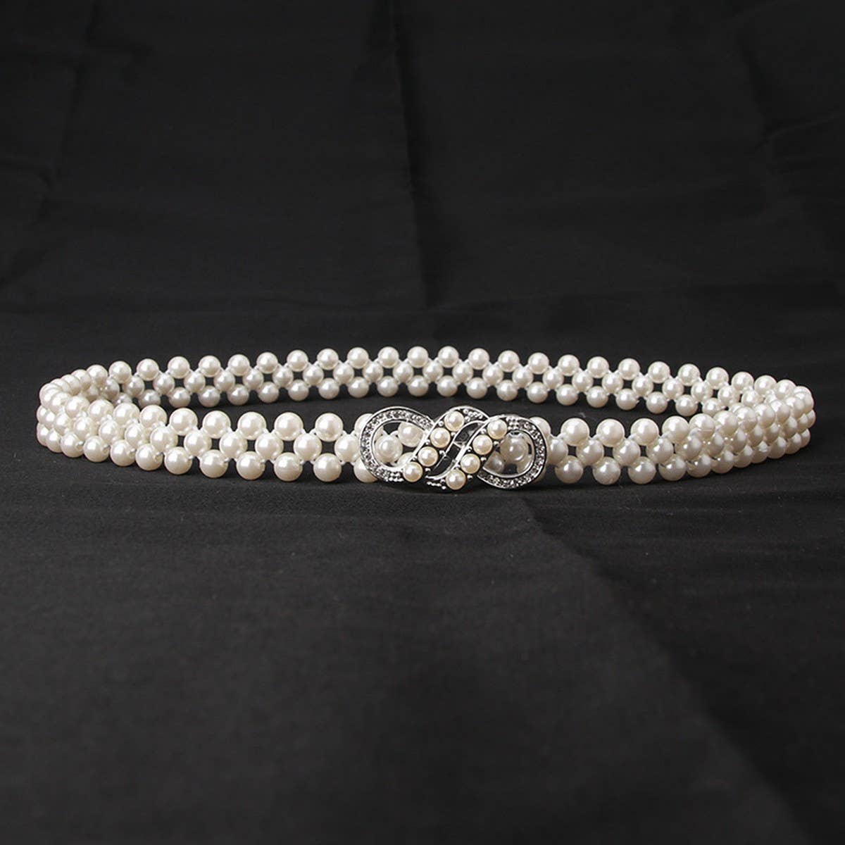 PEARL WOVEN ELASTIC BELT RHINESTONE ALLOY BUCKLES_CWABE0395
