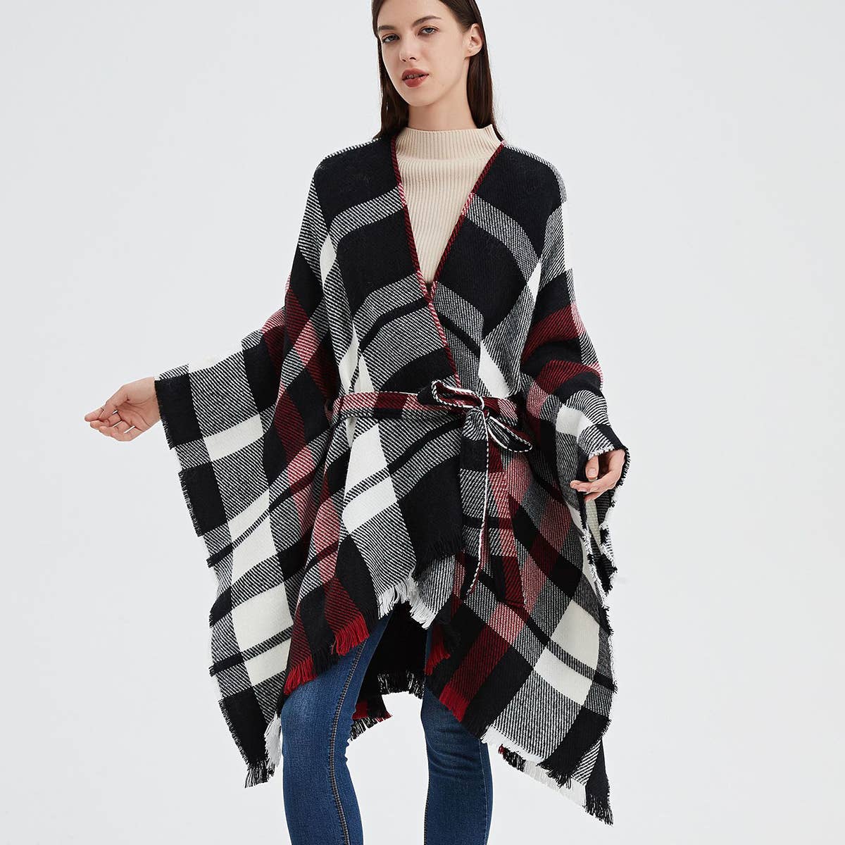 GEOMETRIC BLACK AND RED SHAWL WITH SPLIT HOOD