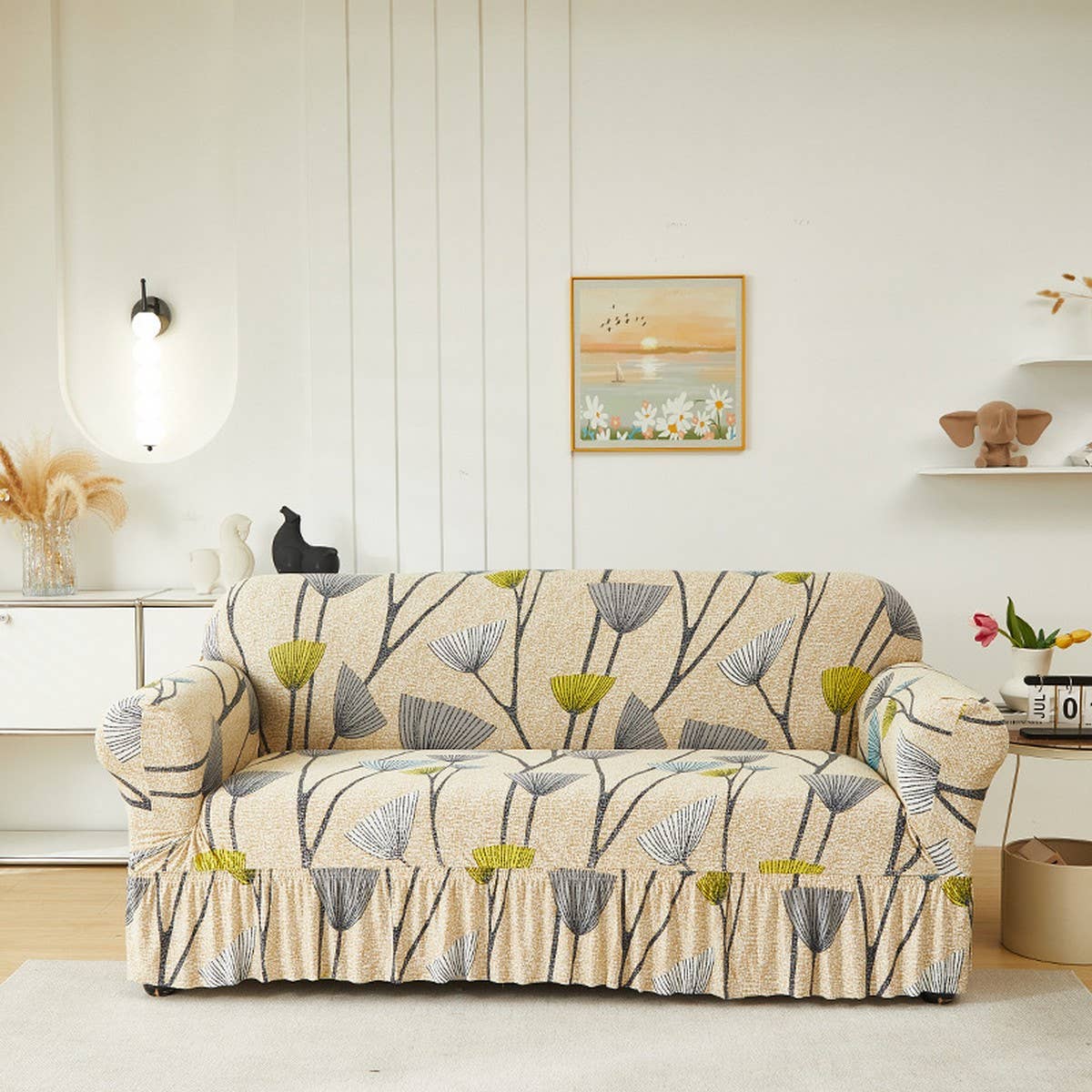 Floral Skirted Sofa Cover, Stretch & Full Fit