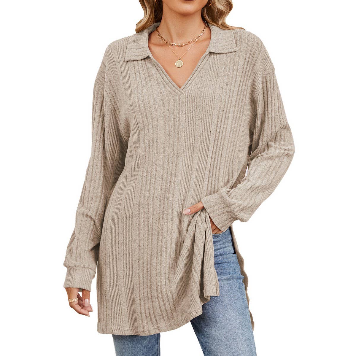 Lapel slit long sleeve loose long T-shirt