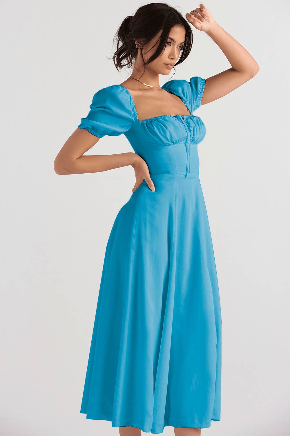 Sexy square neck A-line puff sleeve slit dress