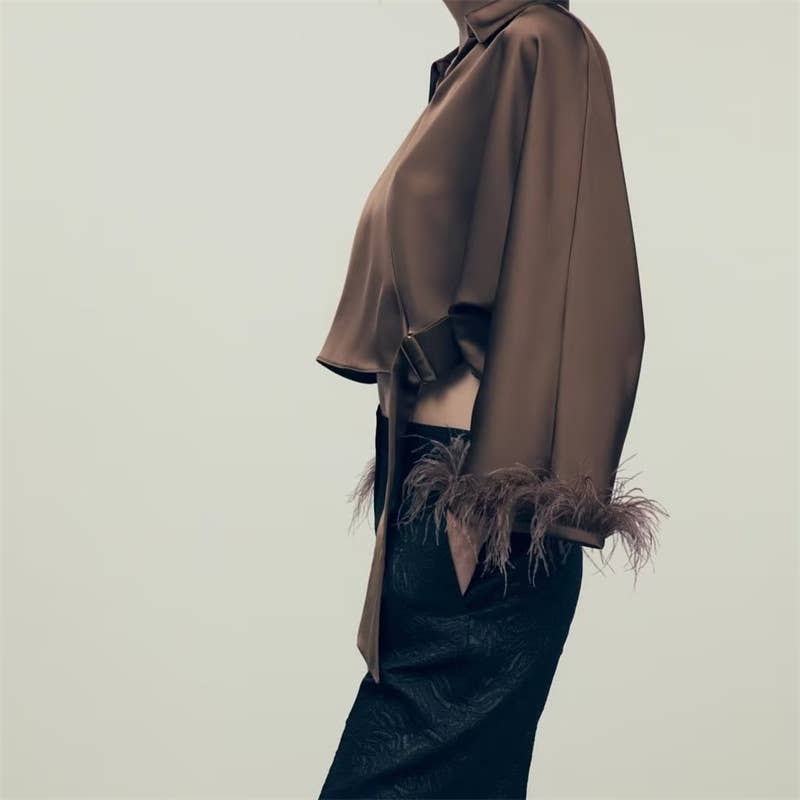 Feather embellished silk midriff lace-up shirt