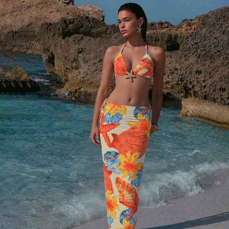 Sexy Tie Front Printed Bikini Three-Piece Set