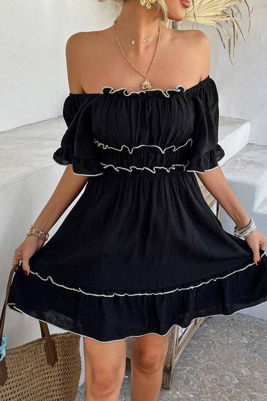 CWDSD7875_SUMMER SOLID COLOR RUFFLED SHORT-SLEEVED DRESS