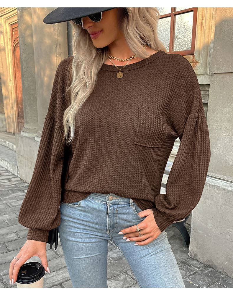 Lantern-shaped long-sleeved backless waffle top