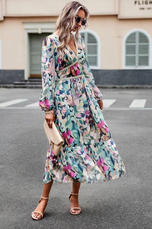 CWDMD3622_AUTUMN CASUAL PRINT V-NECK LONG-SLEEVED DRESS