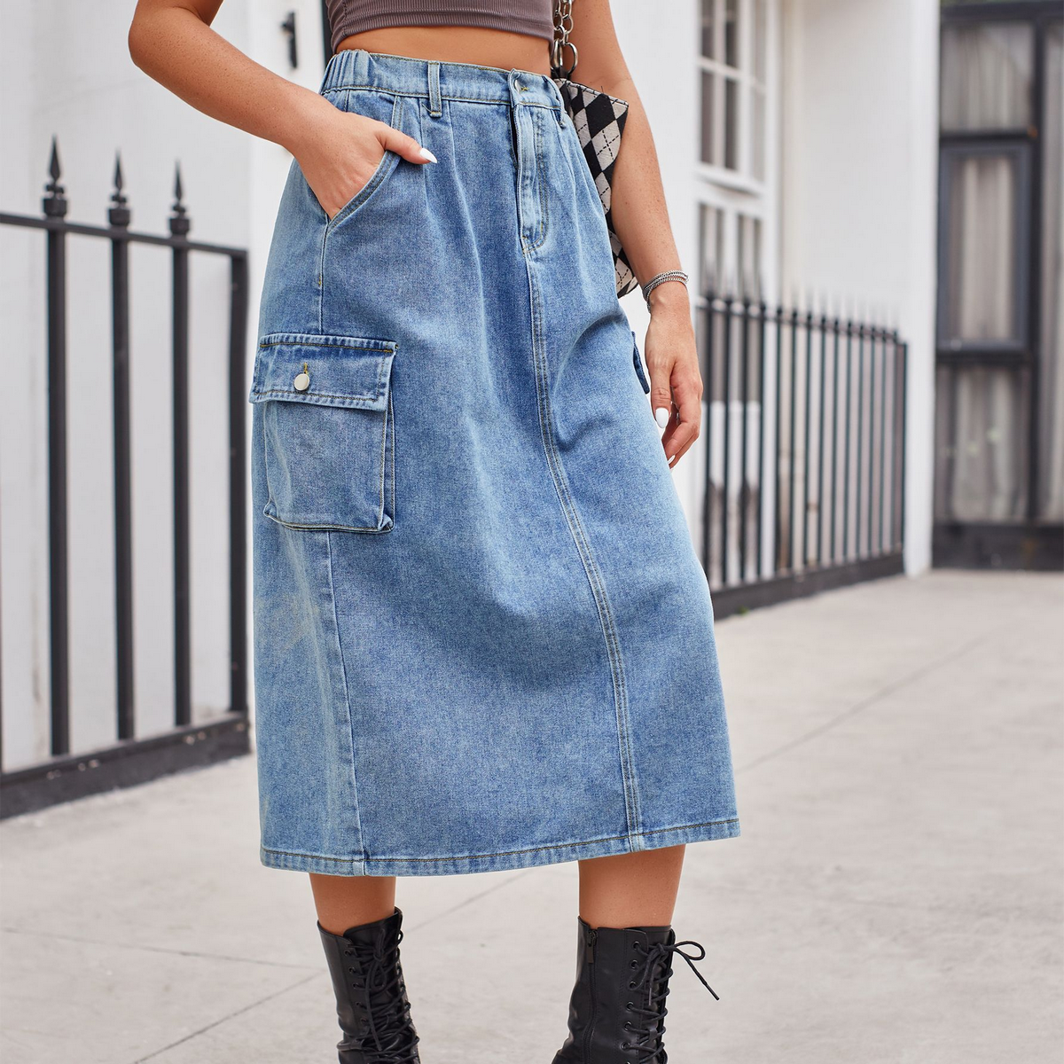 Women??¢s Washed Denim Cargo Midi Skirt Slim Fit_CWJSK0198