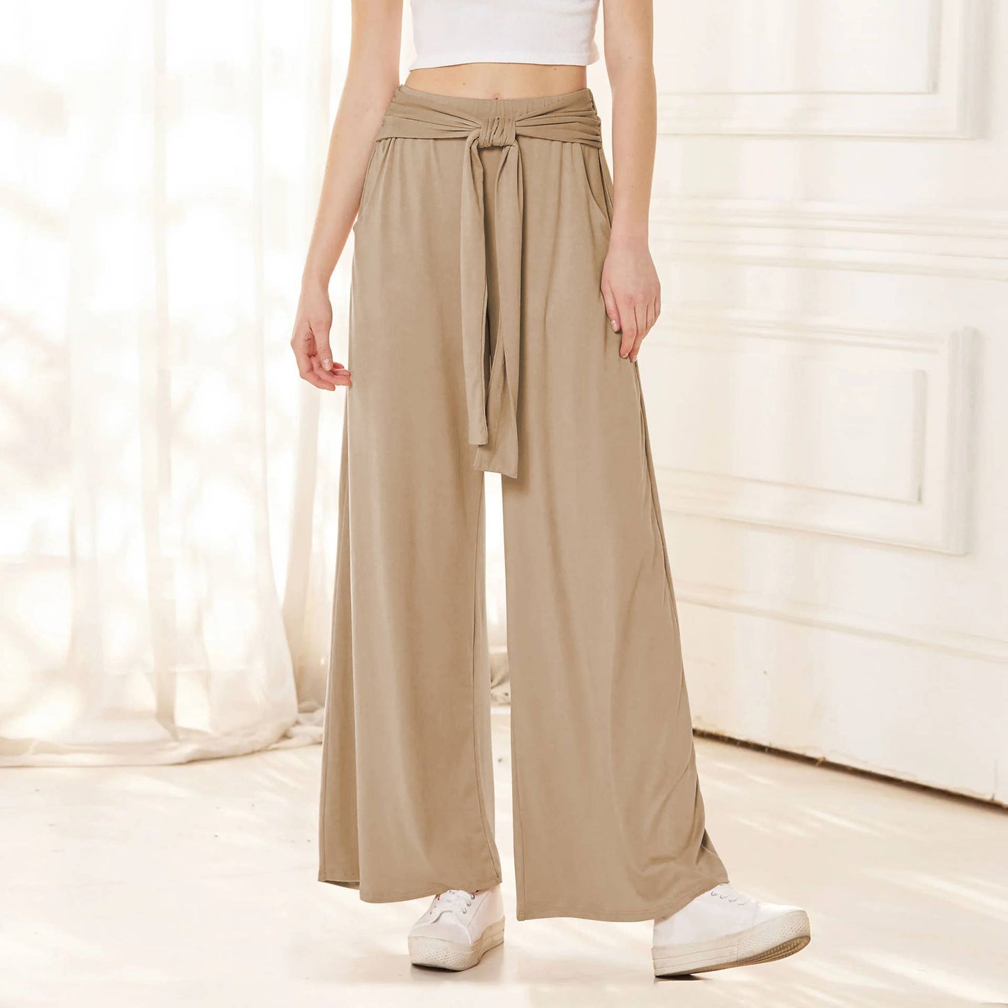 SOLID COLOR SAG ALL-IN-ONE LACE-UP WIDE-LEG PANTS