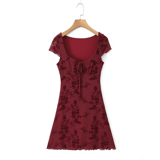 New Women??¢s Floral Velvet Tie Short Sleeve Dress_CWDMD5815