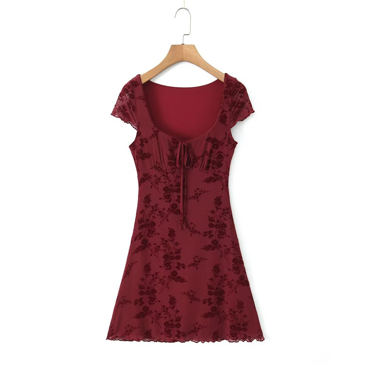 New Women??¢s Floral Velvet Tie Short Sleeve Dress_CWDMD5815
