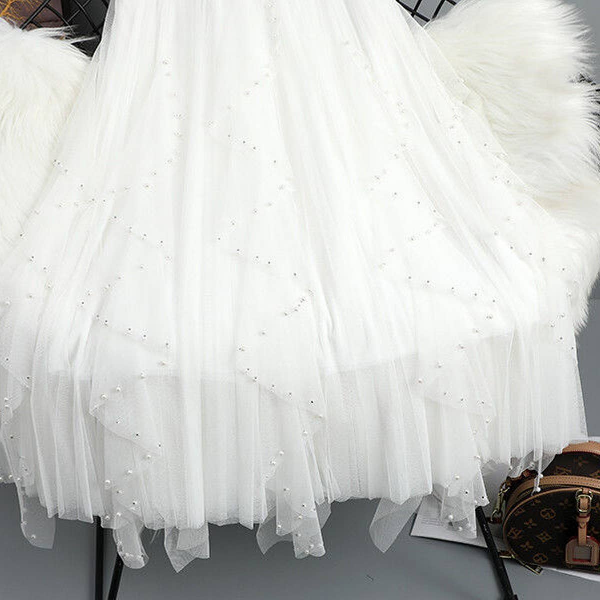 BEADED MESH PLEATED SKIRT A LINE TULLE SKIRT_CWBLS0398