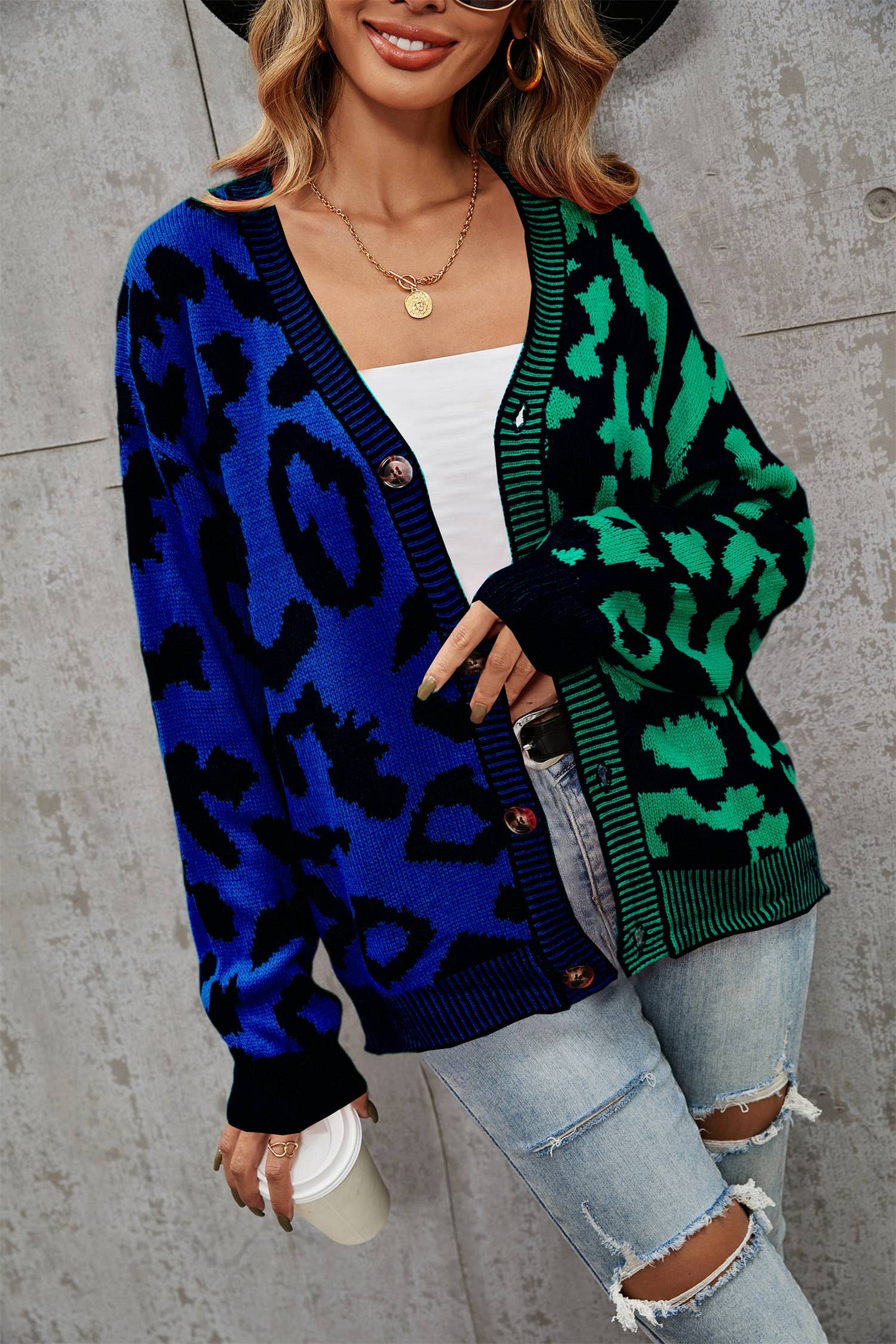 Printed Knit Single Breasted Leopard Knit Cardigan