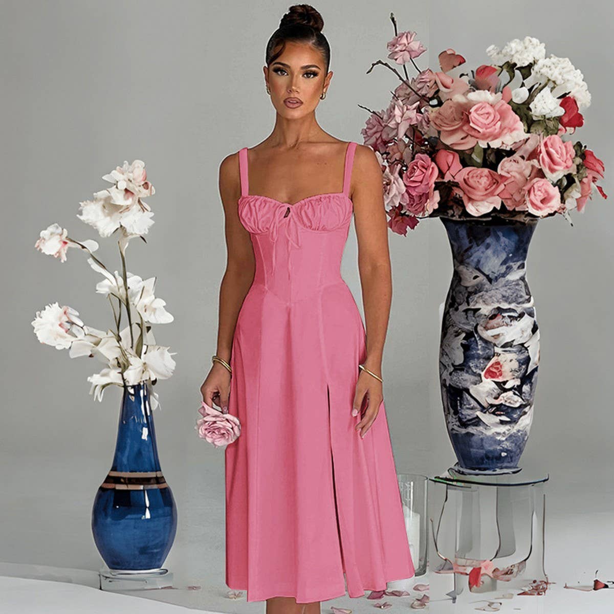 Fashion casual lace-up slim split halter dress