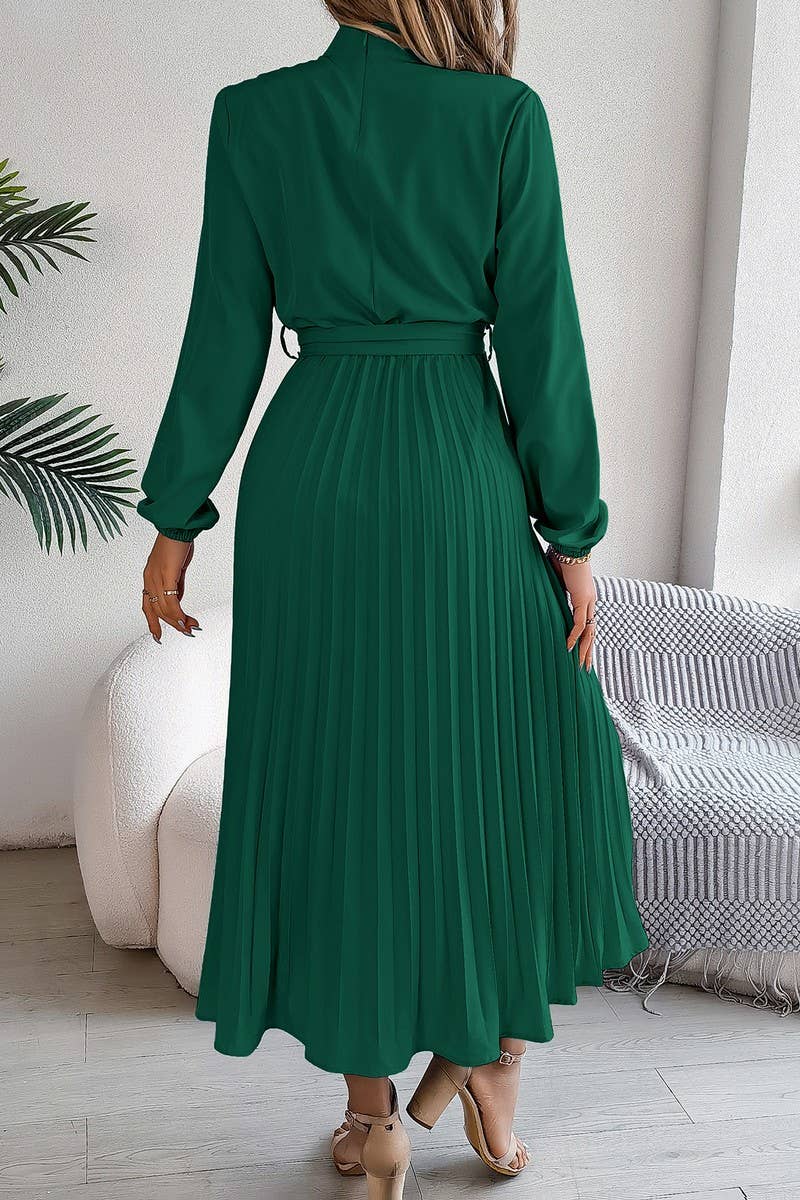CWDMD3430_TIE STAND COLLAR PLEATED MAXI DRESS