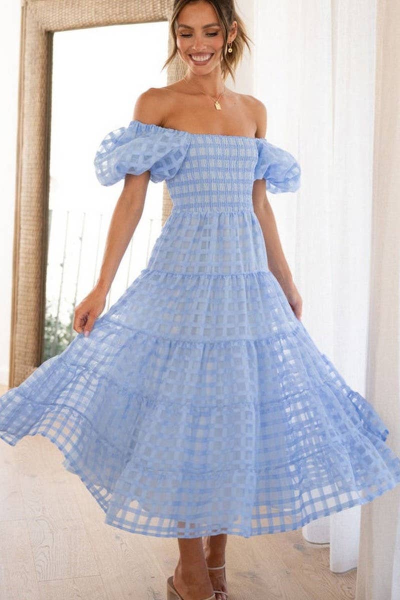 CWDMD5648_OFF SHOULDER LANTERN SLEEVE TIERED RUFFLE DRESS
