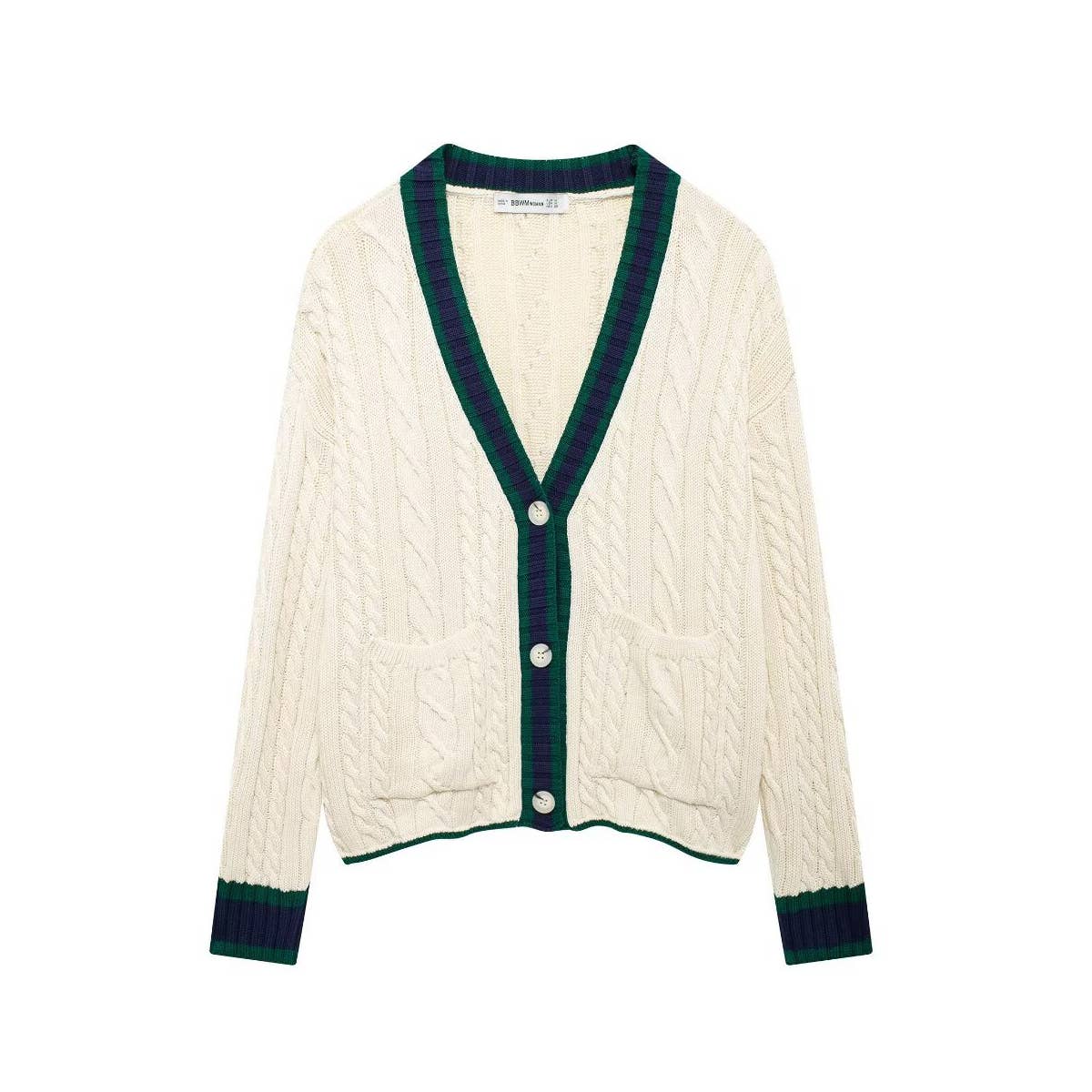 Stylish casual V-neck contrasting knit jacket
