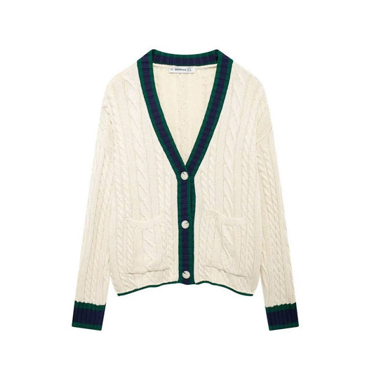 Stylish casual V-neck contrasting knit jacket