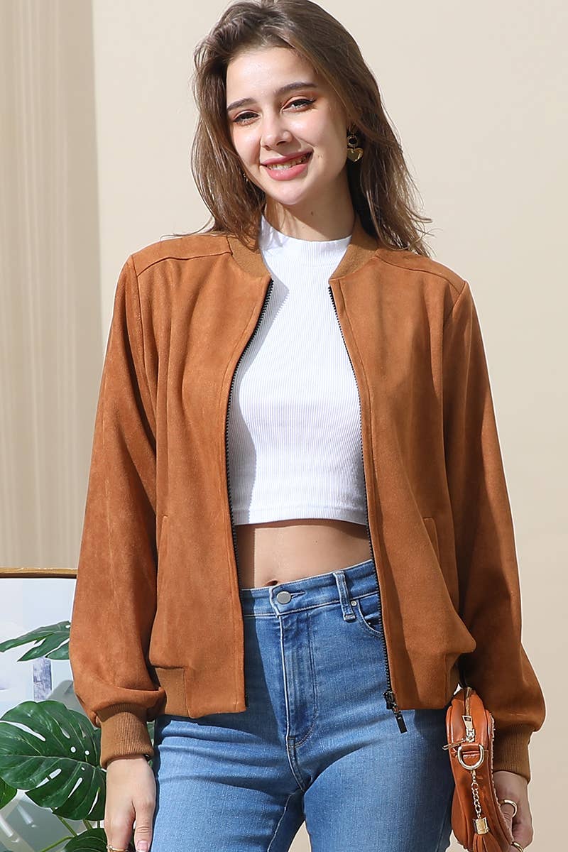 CWOJA706_WATERFALL FAUX SUEDE ZIP-UP WESTERN BOBMER JACKET