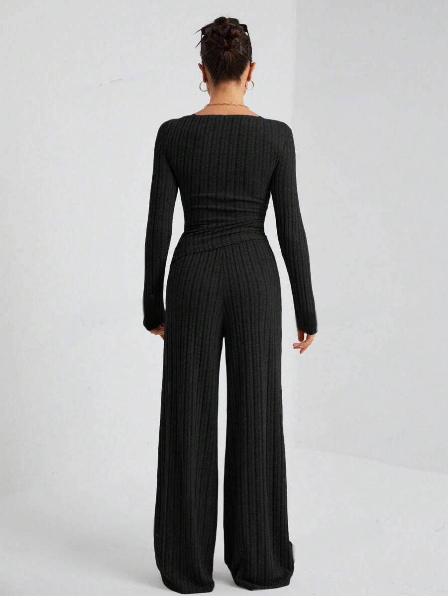 Solid-color high-neck knitted long-sleeved suit