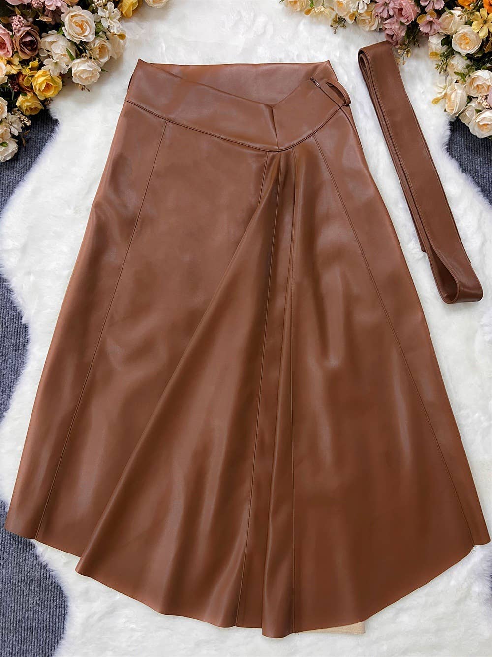 PU LEATHER FASHION TREND IRREGULAR SWING SKIRT