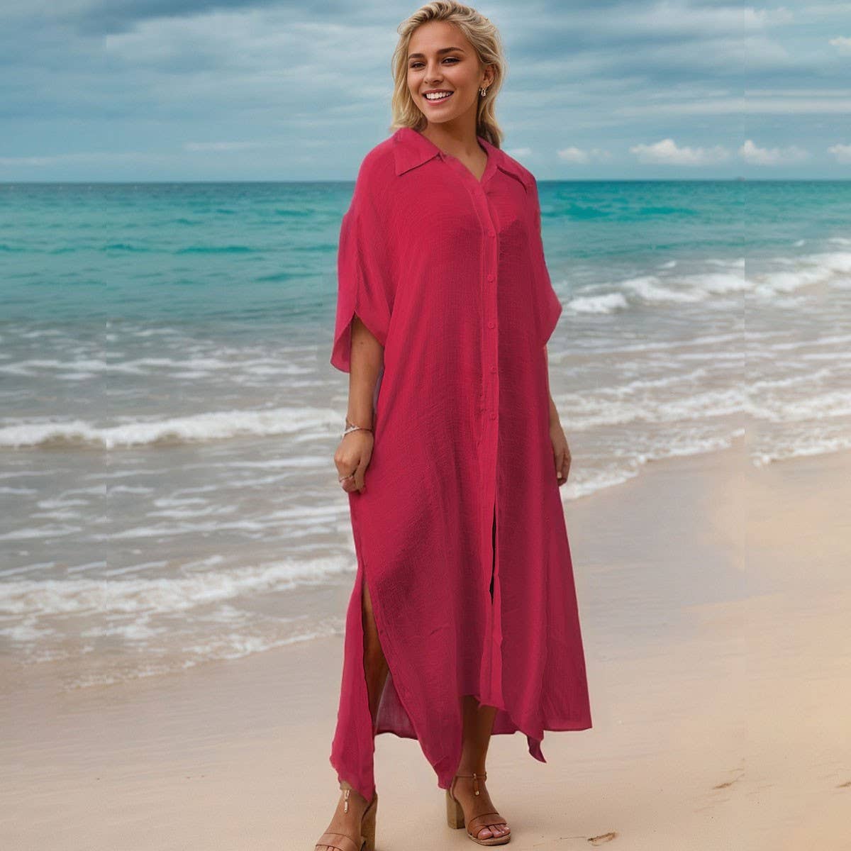 Bamboo Cotton Beach CoverUp Solid Color BikiniShirt_CWMM6300