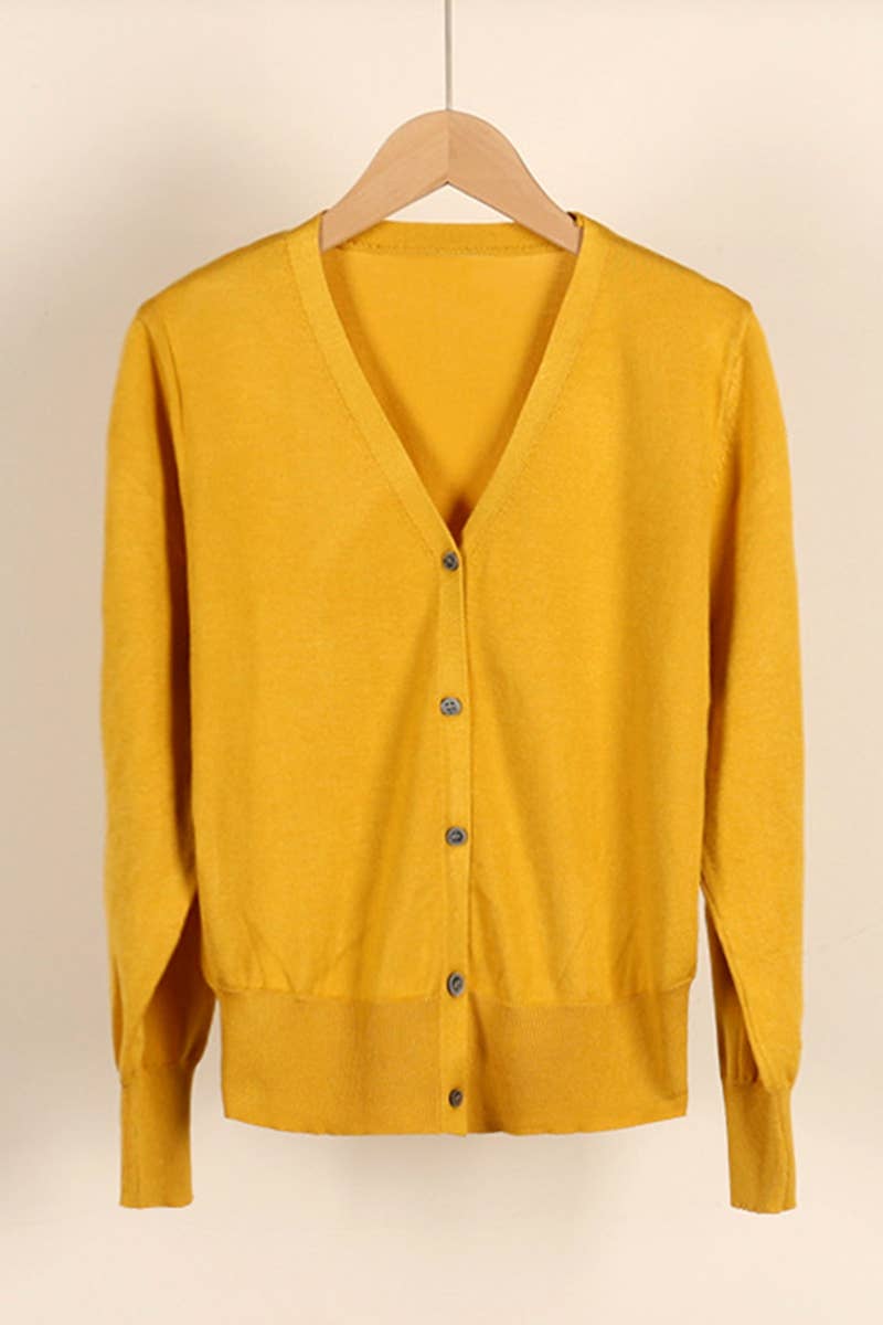 CWOCAL0333 Button Down Sleeve  V-Neck Cardigan Sweater