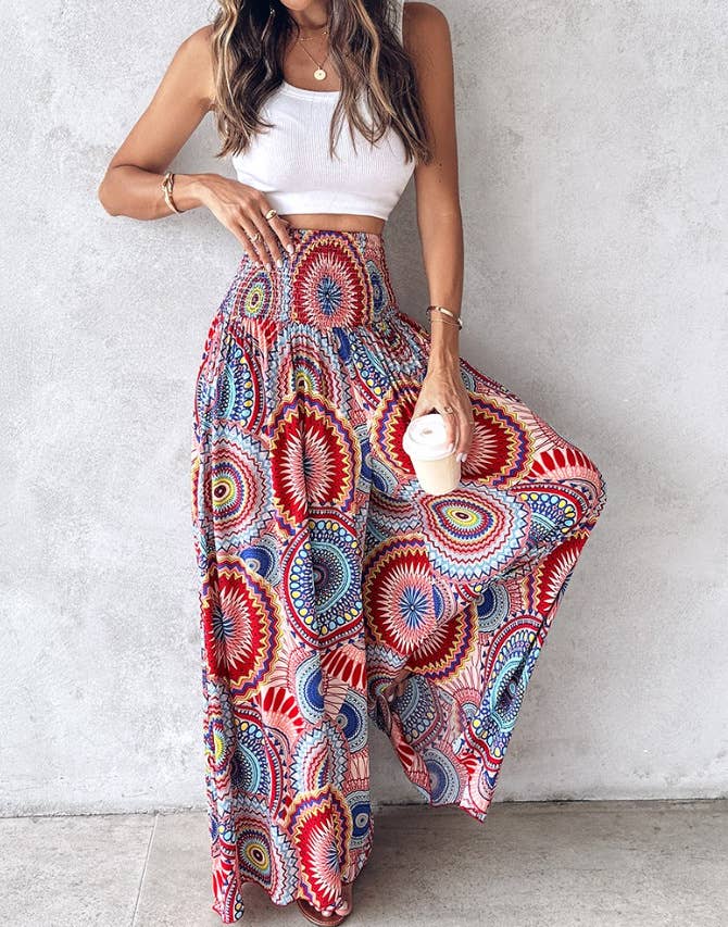 Tropical print retro floral print wide leg pants