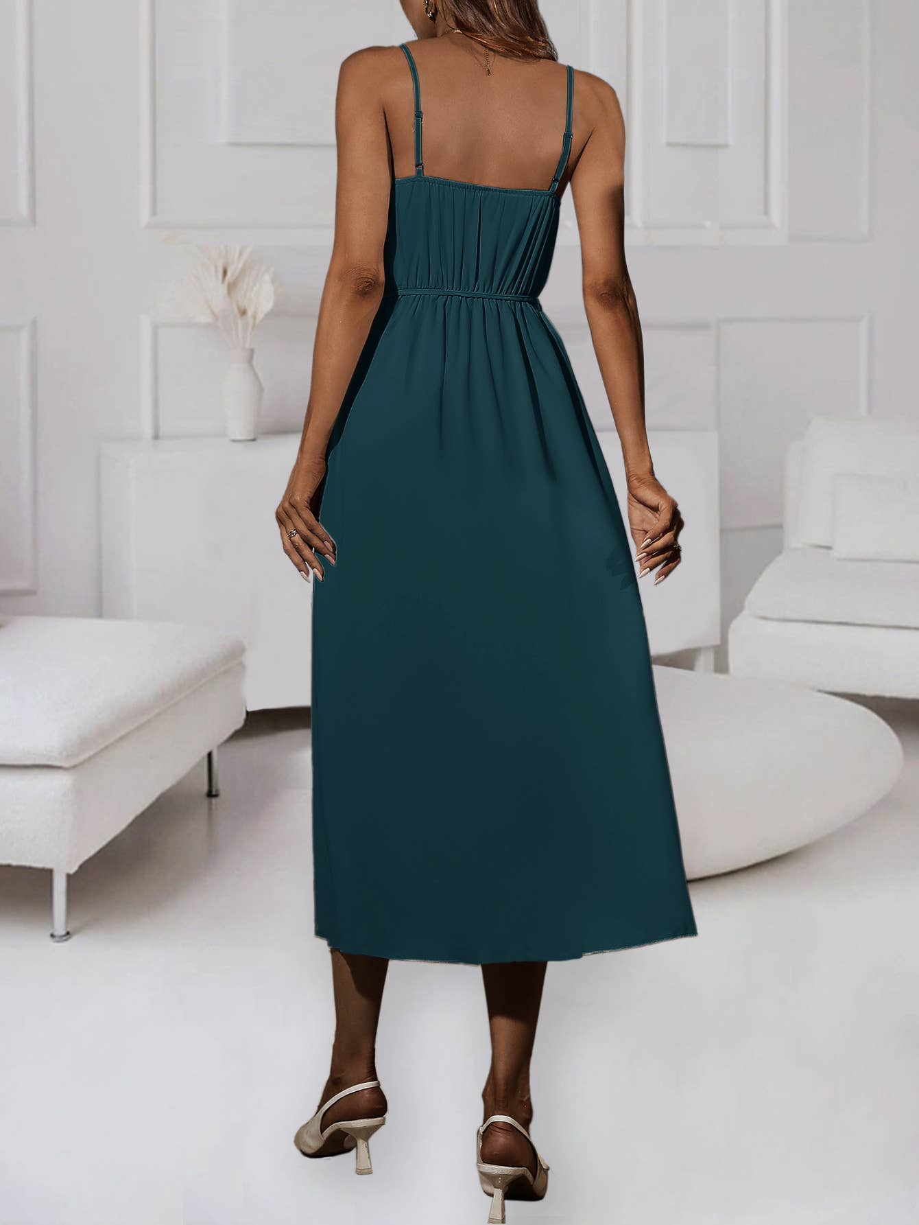 Long halter dress with solid color strap waist