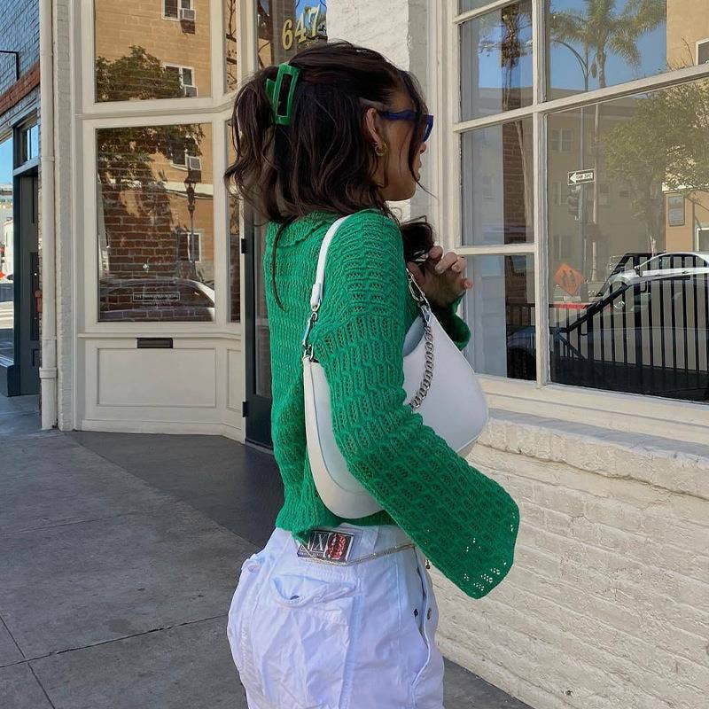 LAPEL HOLLOWED OUT SOLID COLOR BUTTON CARDIGAN