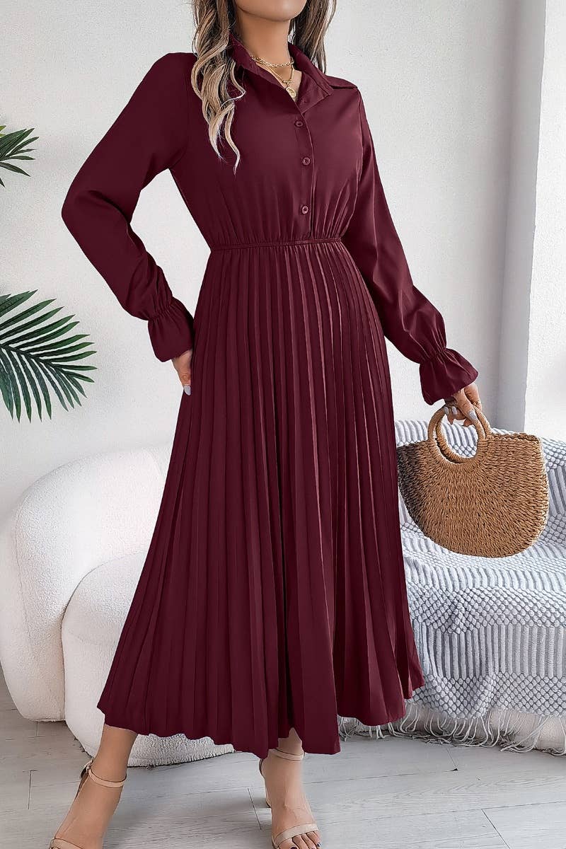 CWDMD3944_FALL PLEATED LONG-SLEEVED SHIRT-WAIST DRESS