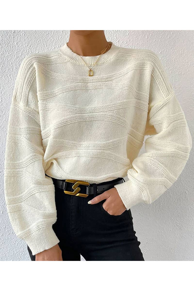 SOLID COLOR CORRUGATED CREW NECK PULLOVER SWEATER