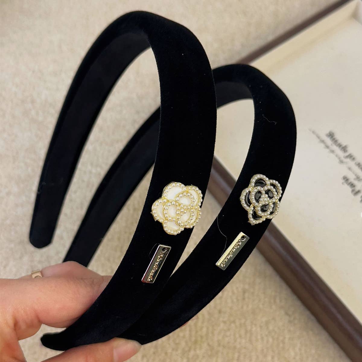 HIGH QUALITY CAMELLIA BLACK VELVET HAIR BAND