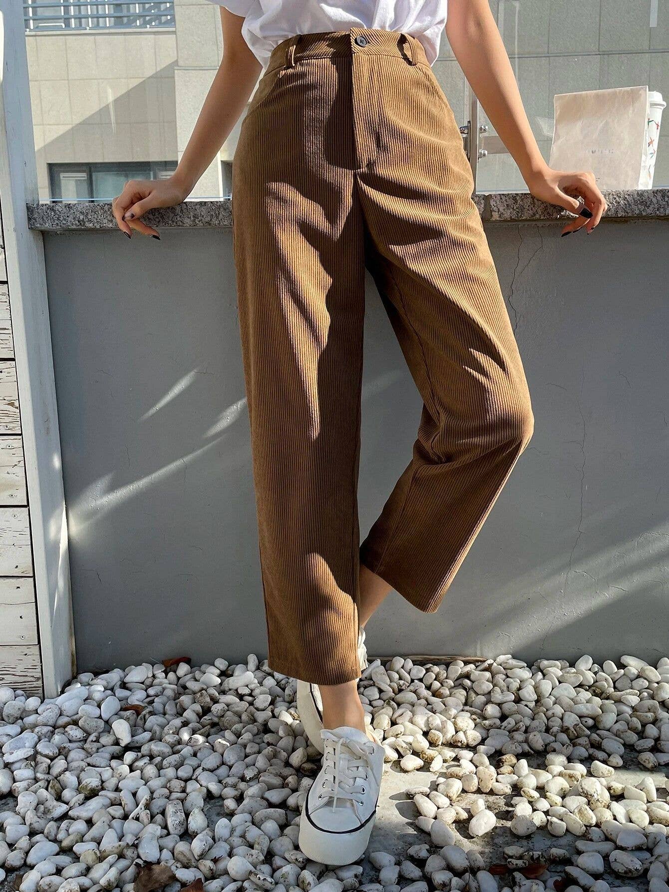 STRAIGHT-LEG HIGH-WAISTED CORDUROY WIDE-LEG PANTS