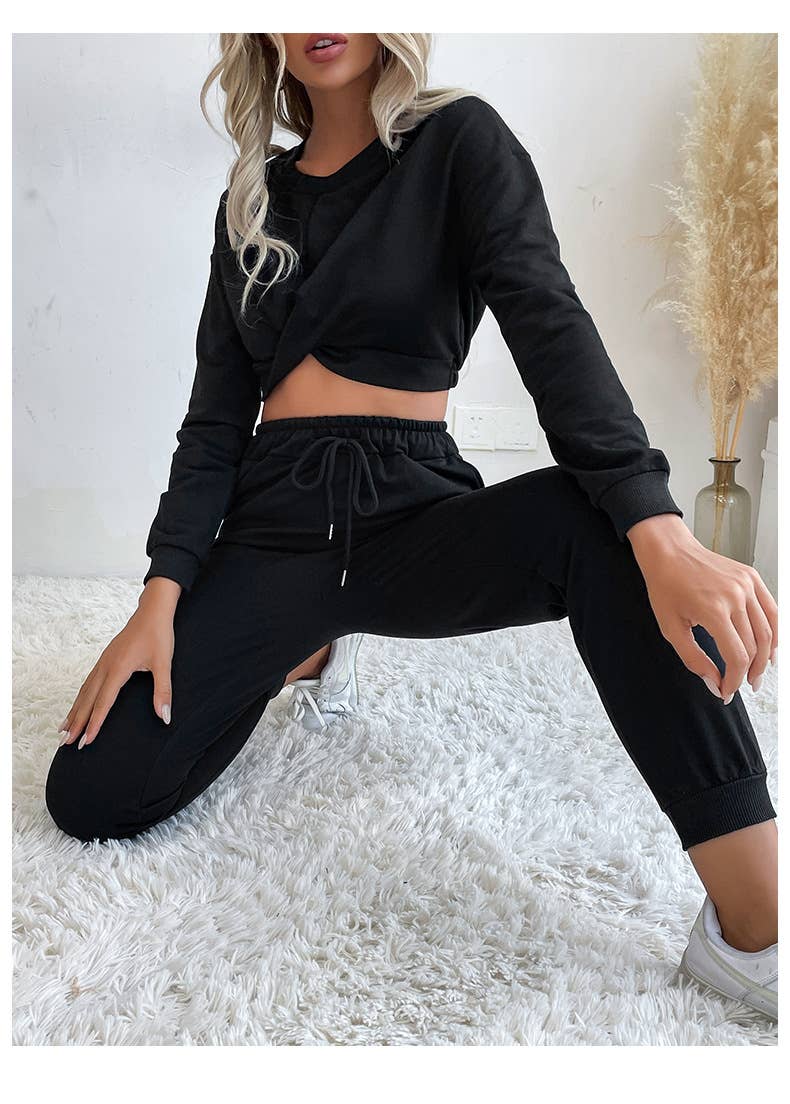 Knotted sweatshirt and long pants sportswear set