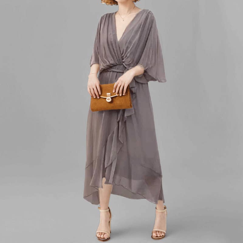 Solid color lace-up deep V-neck batsleeve dress