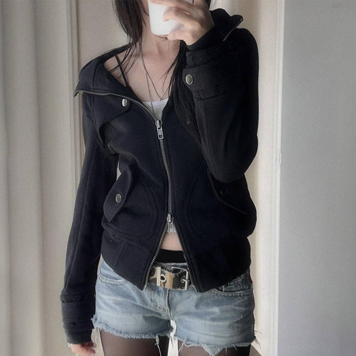 STAND-UP COLLAR DOUBLE-HEAD ZIP-UP CARDIGAN