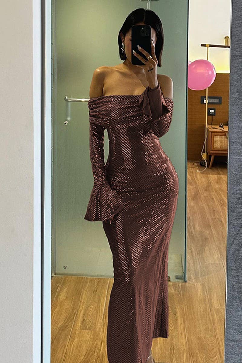 CWDMD4233_SEQUINED OFF-THE-SHOULDER LONG-SLEEVED DRESS