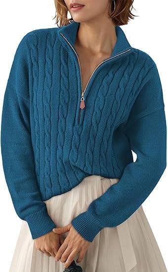 Semi-high neck zipper ribbed twist knit sweater