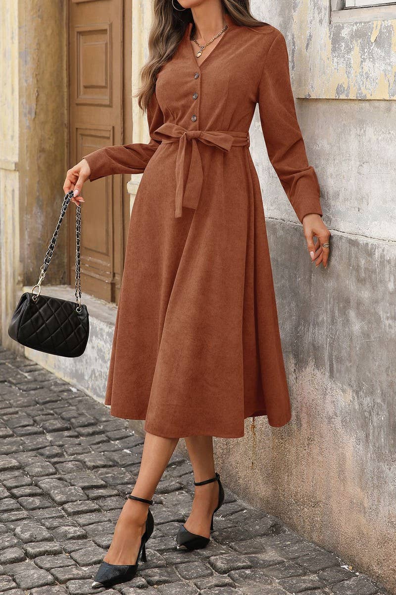 CWDMD01047_BROWN CORDUROY V-NECK LACE-UP COMMUTER DRESS