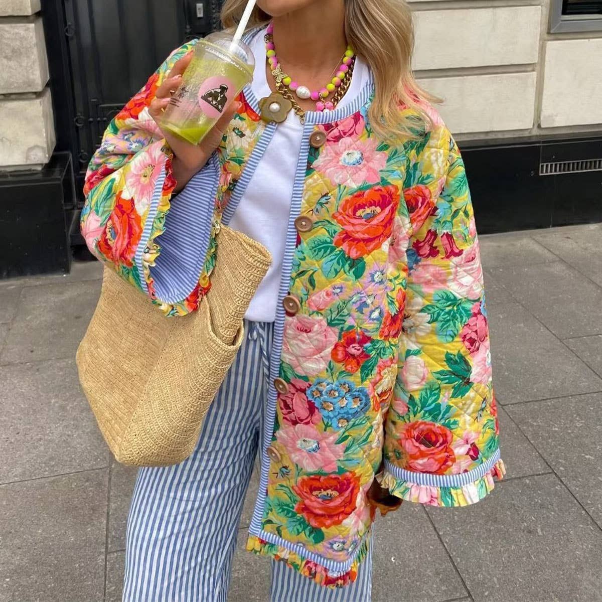 FLORAL PRINT CREW NECK PUFF SLEEVE QUILTED JACKETS