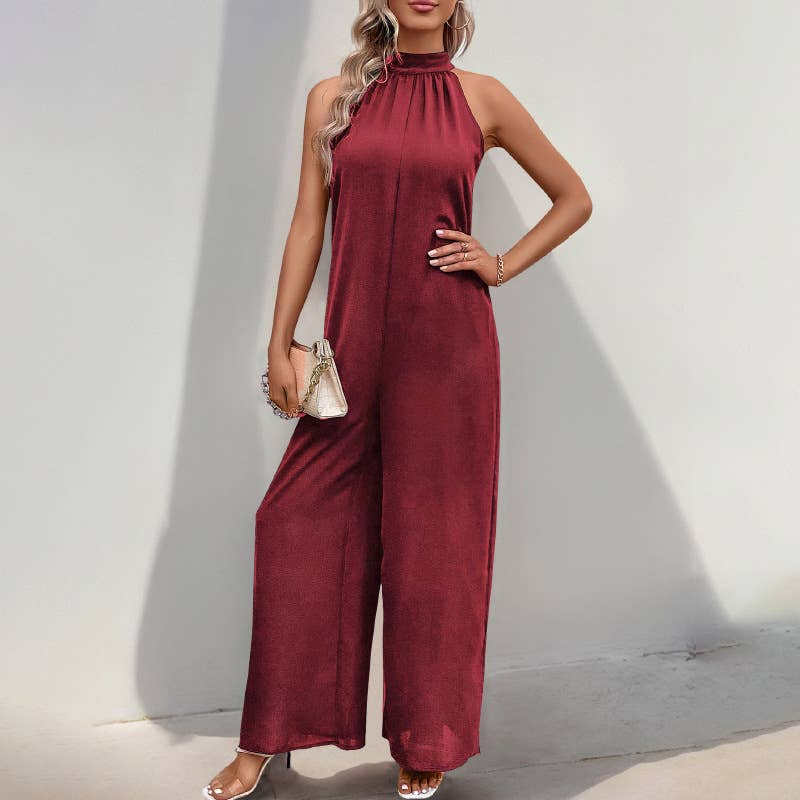 Solid color wide-leg romper with casual high neck