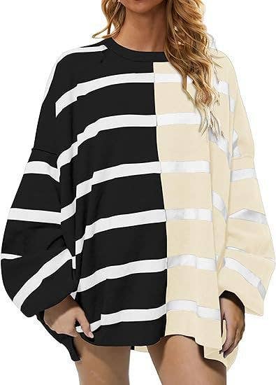 STRIPED KNIT LONG-SLEEVED COLOR-MATCHING HOODIE