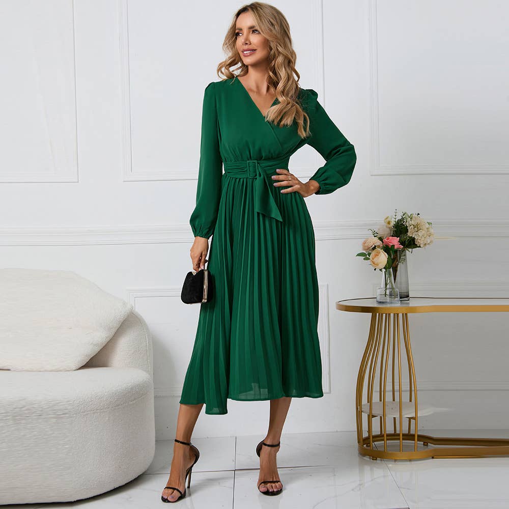 LONG SLEEVE PLEATED BELT SOLID COLOR V-NECK DRESS