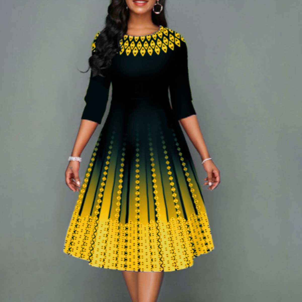 POSITIONING PRINT STYLE MID-SLEEVE WAIST DRESS