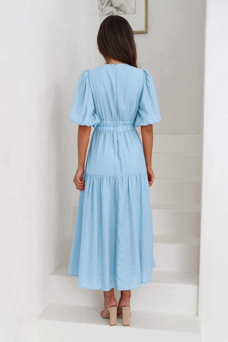 CWDSD8159_LANTERN SLEEVE TIERED FLARE MIDI DRESS