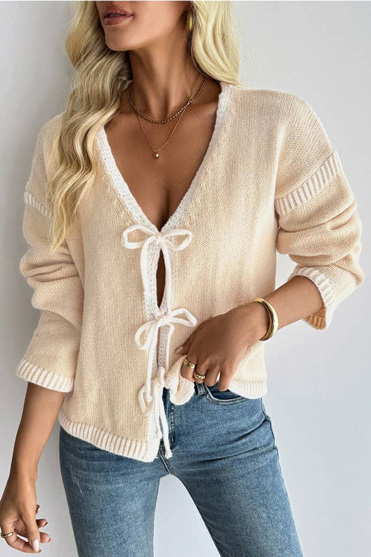 CWOCAL00592_COLORBLOCK TIE FRONT KNIT CARDIGAN SWEATER