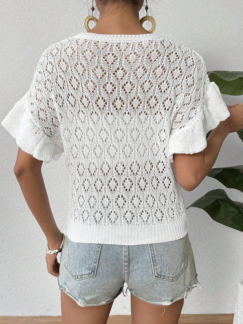 Round-neck hollowed-out ruffled knitted sweater